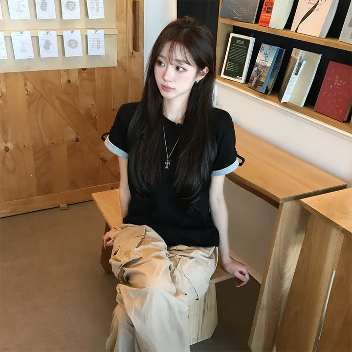 [군살커버/롤업디자인] 소매 널널핏, 주니 헨리넥 단추 여름 루즈핏 롤업 반팔 티셔츠, 데일리 오버핏 버튼 반팔티, 레이어드 배색 상의 6color 대표 이미지