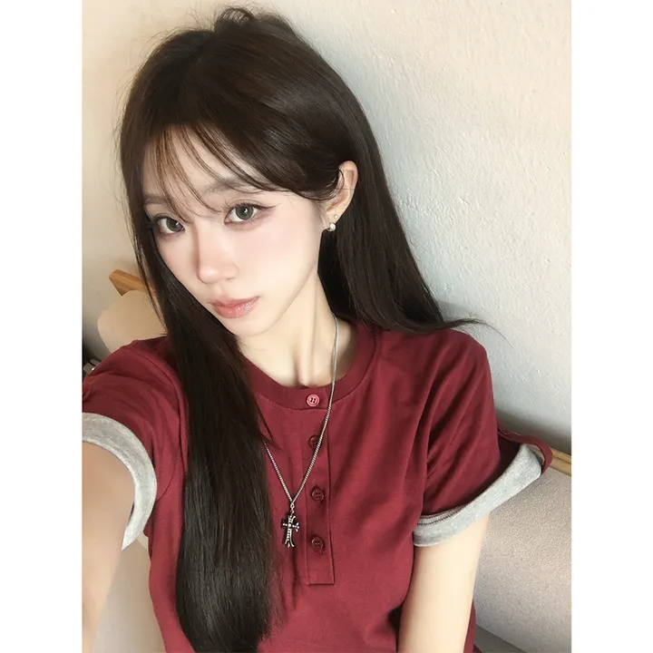 [군살커버/롤업디자인] 소매 널널핏, 주니 헨리넥 단추 여름 루즈핏 롤업 반팔 티셔츠, 데일리 오버핏 버튼 반팔티, 레이어드 배색 상의 6color 추가 이미지 2