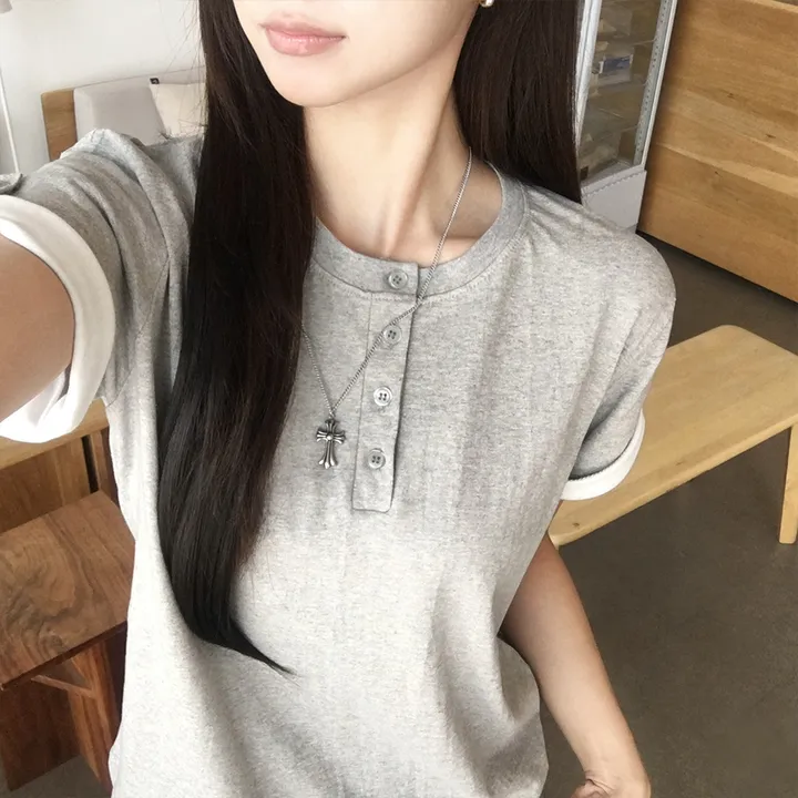 [군살커버/롤업디자인] 소매 널널핏, 주니 헨리넥 단추 여름 루즈핏 롤업 반팔 티셔츠, 데일리 오버핏 버튼 반팔티, 레이어드 배색 상의 6color 추가 이미지 3