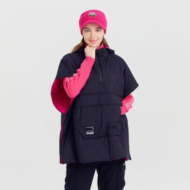 여성 물결 퀼팅 패커블 판초 블랙