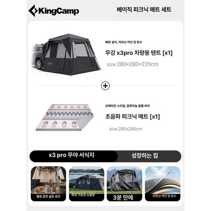 노을 지는 캠핑장에서 조명이 켜진 텐트와 차가 어우러진 평화로운 풍경