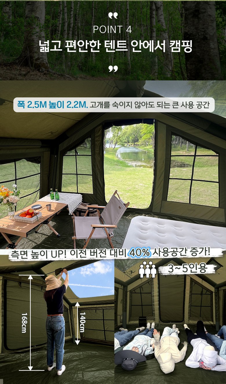 해 질 녘 텐트 내부에 조명을 켜서 은은하게 빛나는 텐트 외관과 평화로운 캠핑장 풍경